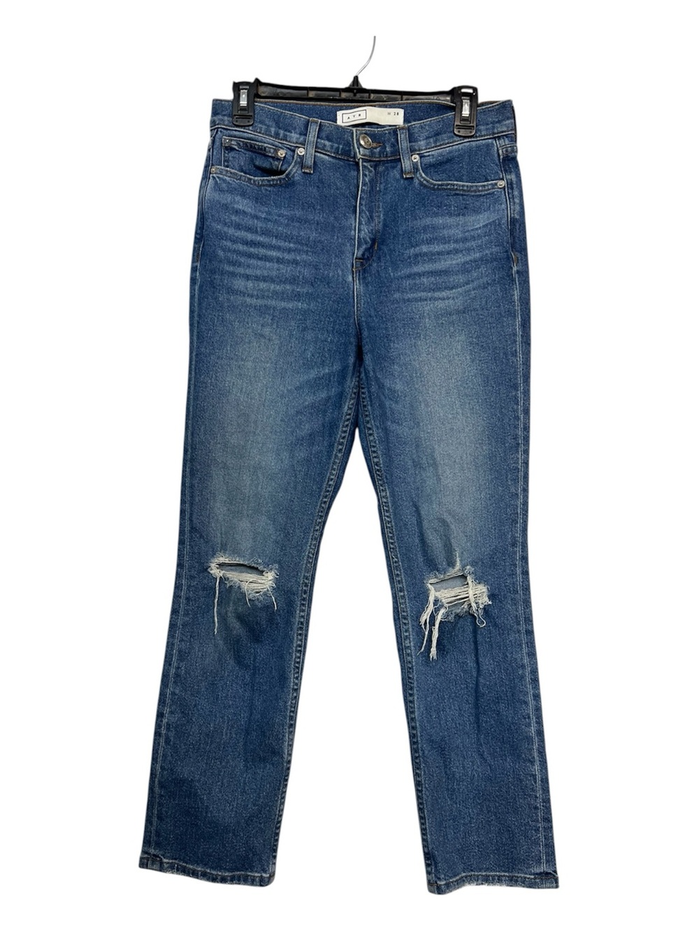 AYR Women Straight Jeans Blue Medium Wash Distressed Stretch Crop Size 28